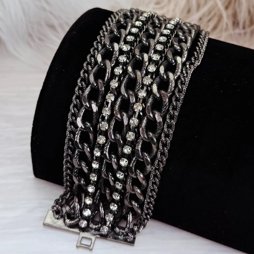 Vintage Chunky Weighted Black gunmetal Bling Chain Bracelet